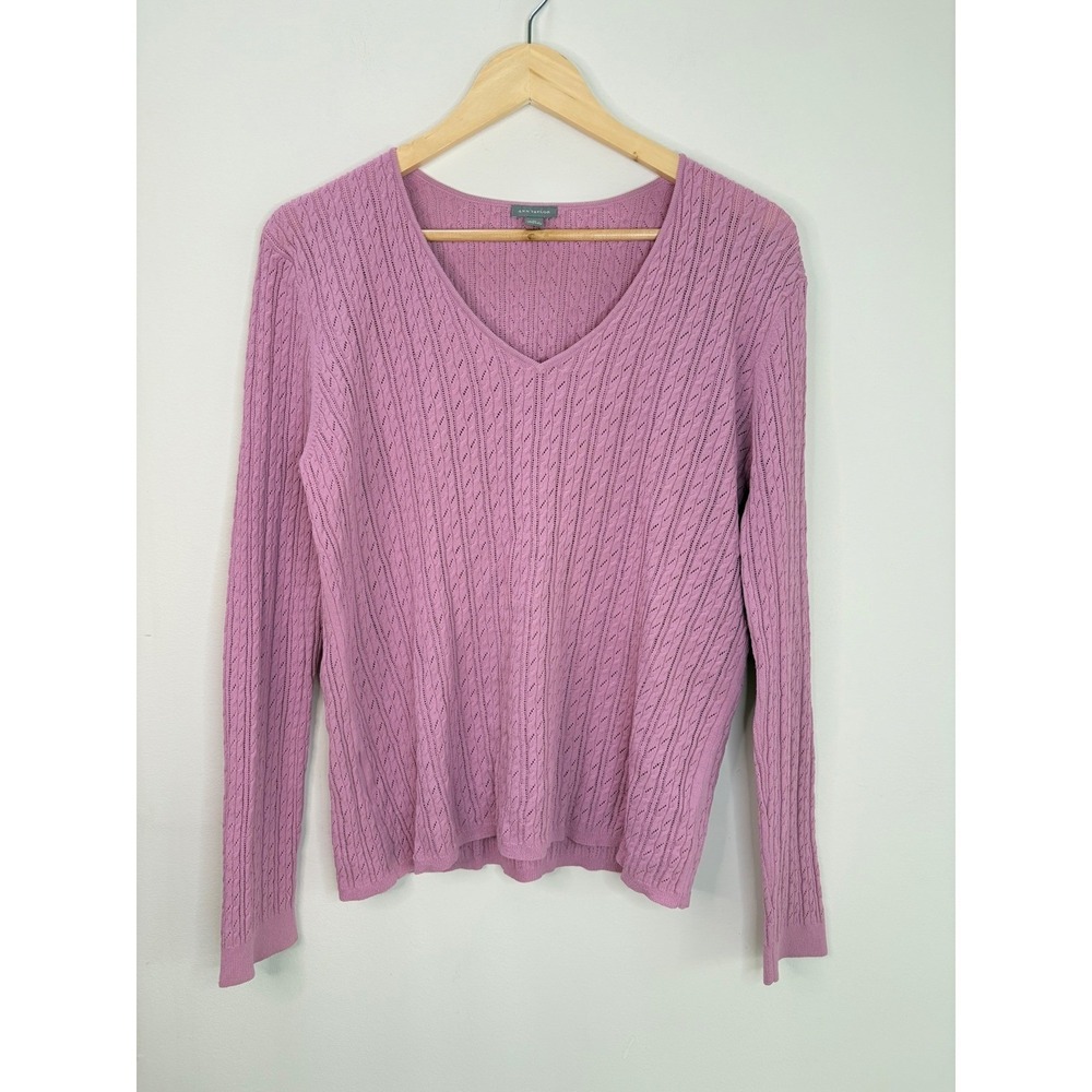 Ann Taylor Pink Pointelle Cable Knit Sweater XL V-Neck classic grandmacore